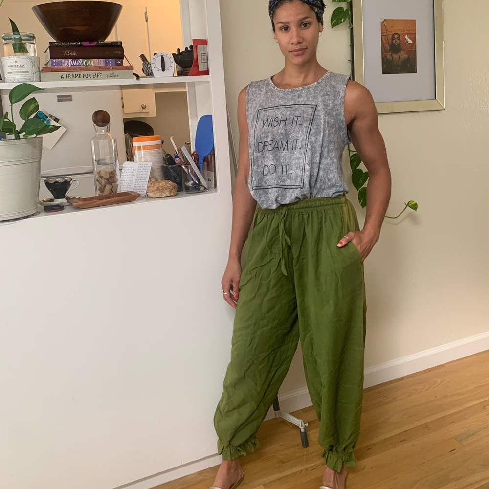 Sun dyed green linen drawstring pants